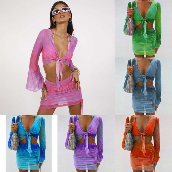 

womens designer tracksuit dress two piece set 2023 summer tie dyed mesh skirt fashion printed open umbilical flare sleeve beach short skirt, White