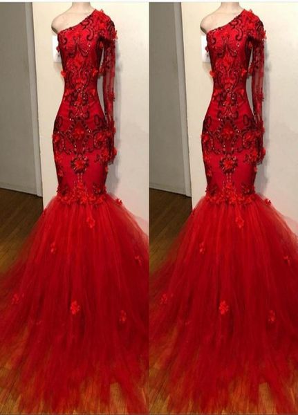 

red long sleeve mermaid prom dresses tulle lace ruffle one shouler zipper up court train evening dresses pagent gowns3611189, Black