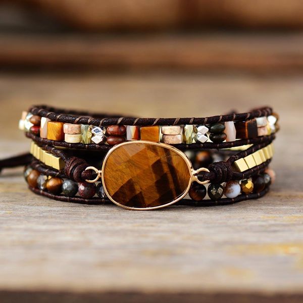 

bangle men women brown leather wrap bracelet w/ tiger eye mixed stones beaded 3 strands bracelet lovers jewelry wholesale dropship, Black