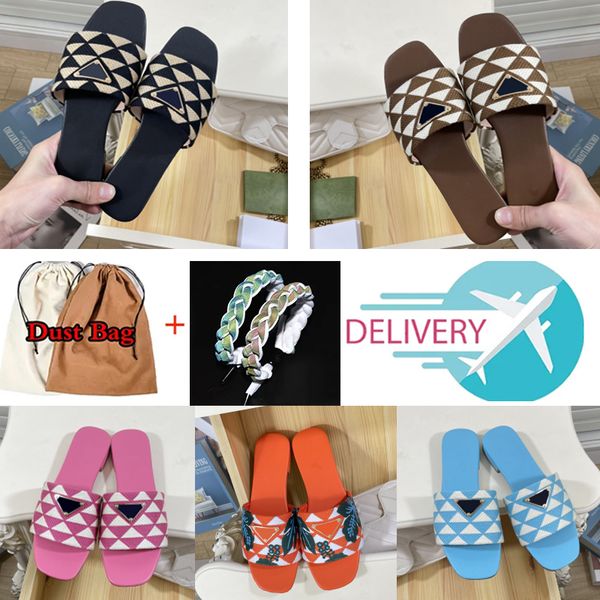 

designer for women slippers p embroidered fabric slides triangle label luxury metal flat casual slipper plaid scuffs models street walking s, Black