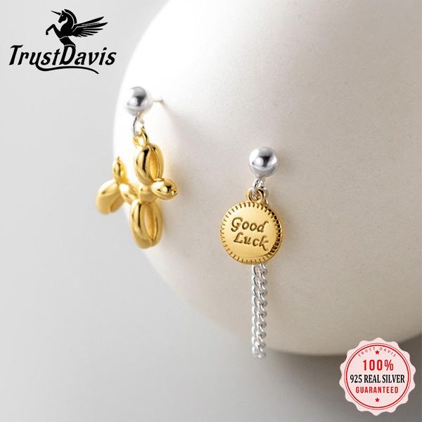 

stud trustdavis real 925 sterling silver earrings asymmetric balloon dog chian stud earrings for women wedding party jewelry da2662, Golden;silver
