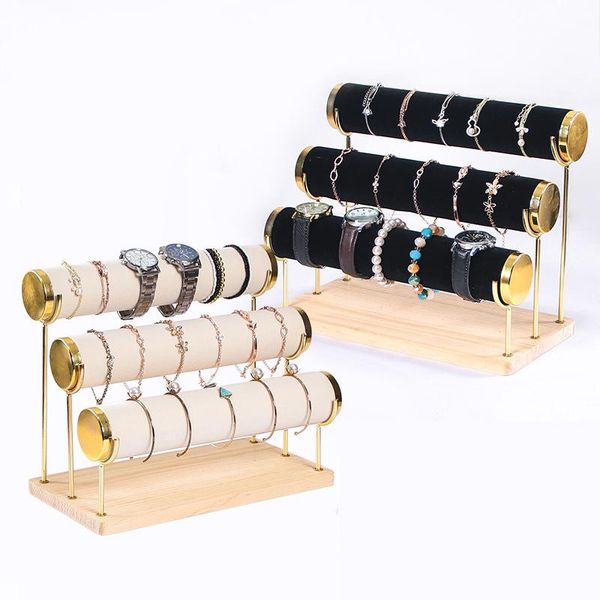 

boxes 3 tiers velvet/wooden bracelet display stand watch jewelry storage string standing shelf, Black;white