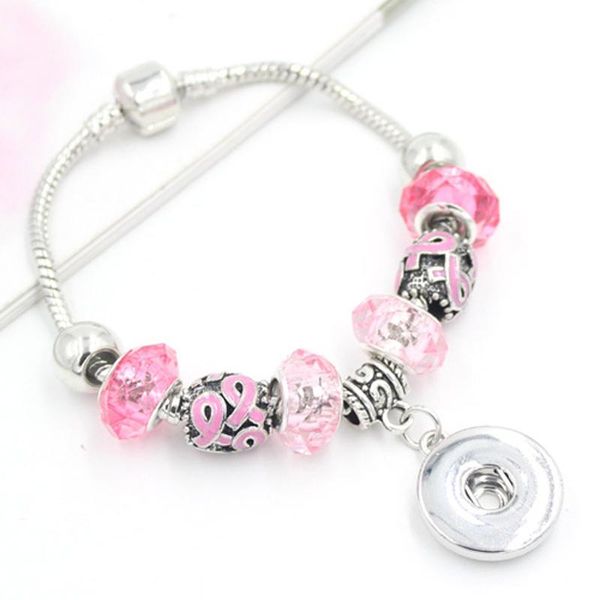 

bangle 10pcs wholesale diy breast cancer awareness 18mm snap jewelry pink ribbon bead snap bracelets for women, Black