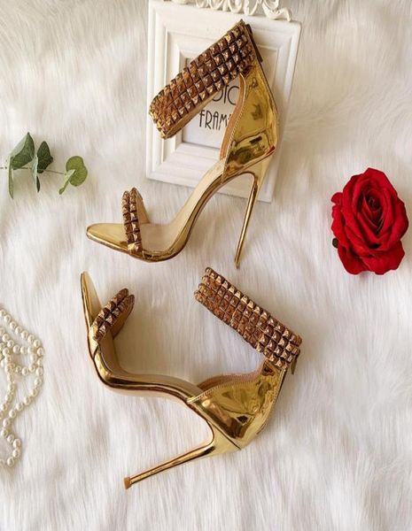 

fashion women pumps gold patent leather spikes buckle wrap strappy high heels sandals 12cm 10cm brand new8025598, Black