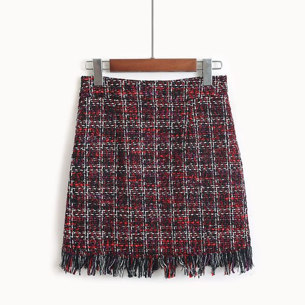 

high-rise plaid straight-leg women's spring tweed-blend skirt, Black