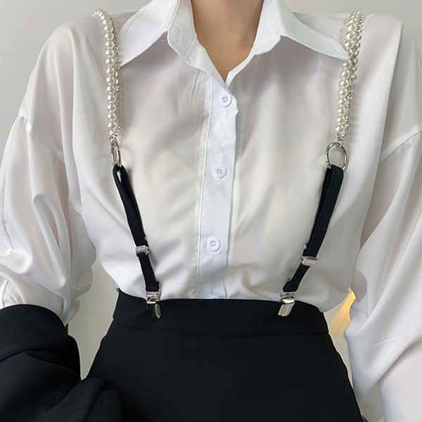 

suspenders 3 clips pearl chain belt for women elastic trousers pants tights strap garter adjustable 230519, Black;white