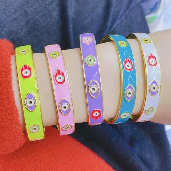 

bangle 3pcs new design trendy jewelry gold plated enamel multi colored evil eyes hamsa hand cuff bangle for women ladies, Black