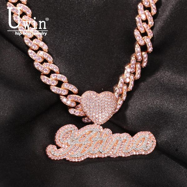 

necklaces uwin csutom cursive letter with heart clasp 9mm iced out cuban chain name necklace chain cubic zirconia fashion hiphop jewelry, Silver