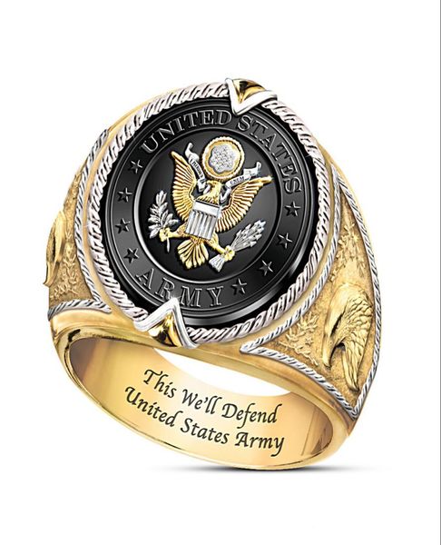 

new domineering us federal ring armybadge slogan this we039ll defend men twotone engagement8358164, Silver