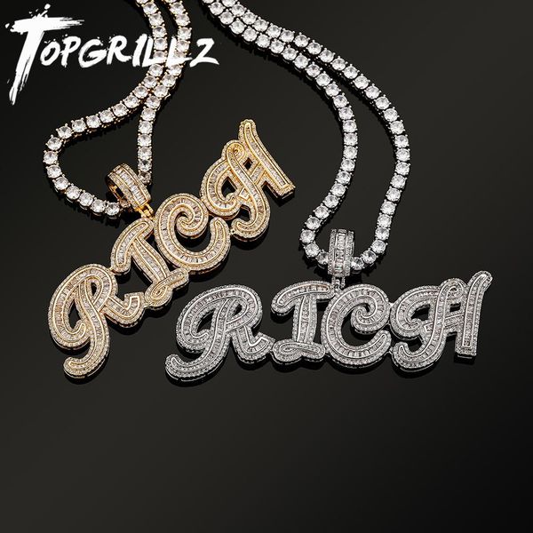 

necklaces rillz 2021 new cursive letter custom name pendant necklace iced micro pave prong setting cz pendant personalized jewelry, Silver