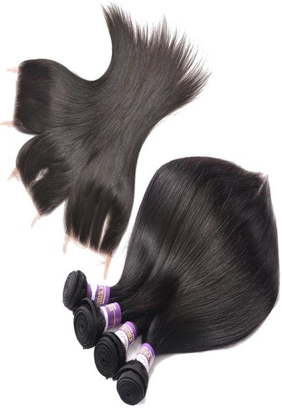 

brazilian straight virgin human hair bundles with lace closure 9a unproessed virgin human hair weaves 3 bundles with lace closure5124061, Black