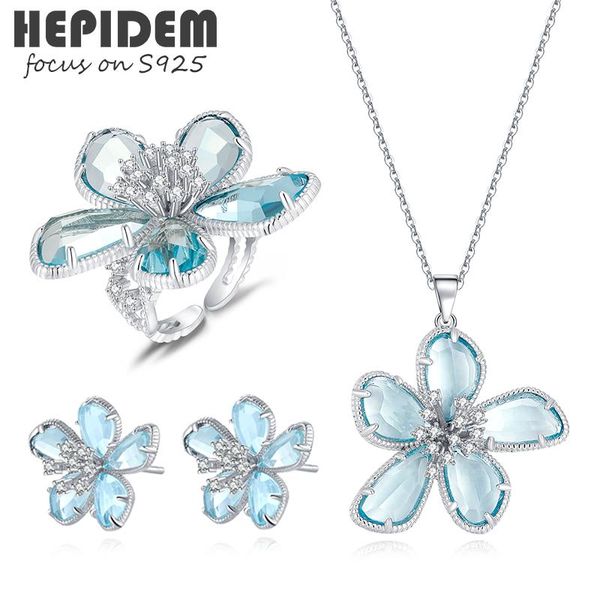 

necklace hepidem 925 sterling silver necklace rings earrings 2022 women blue glass gemstone gem s925 fine jewelry set 7026
