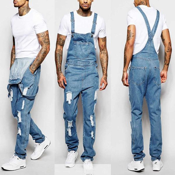 

fashionable men's suspender denim trousers tear jeans and trousers, Blue