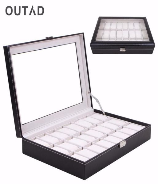 

outad casket 24 grid watch box glass black leather wristwatch storage case organizer classical holder foam pillow5432958, Black;blue