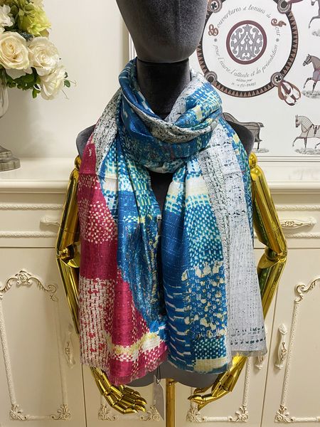 

women's long scarf scarves shawl 100% twill silk material pint pattern big size 190cm - 110cm, Blue;gray
