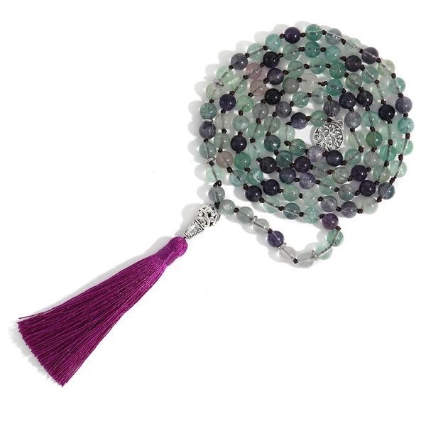 

necklaces 108mala8mm natural color fluorite handmade knotted party meditation prayer tree of life lucky beads pendant tassel long necklace, Silver