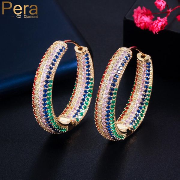 

huggie pera exclusive design micro multicolor cz stone paved gold color big circle hoop earrings for ladies costume party jewelry e679, Golden;silver