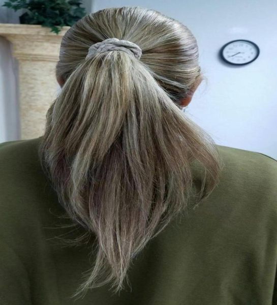 

white blonde two tone blend silver grey salt pepper human hair ponytail hairpiece wraps straight pony tail 100g140g6474954, Black