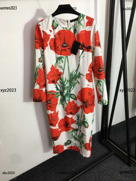 

designer dresses for woman fashion round neck skirt size s-xl red rose blossom print wrapped hip long sleeve dress may18, Black;gray