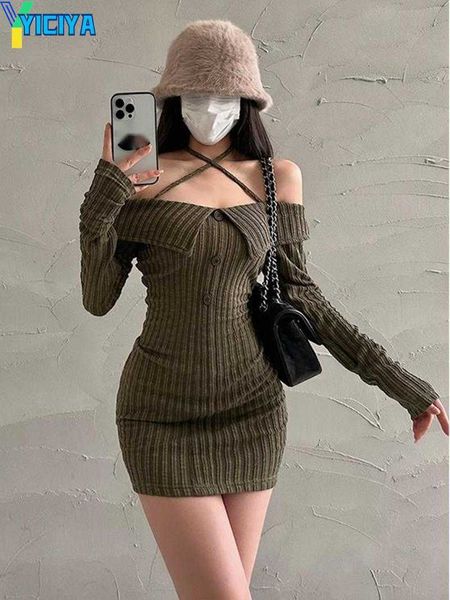 

yiciya casual dresses off shoulder slim long sleeve halter neck dress knitting fashion women 2023 spring, Black;gray