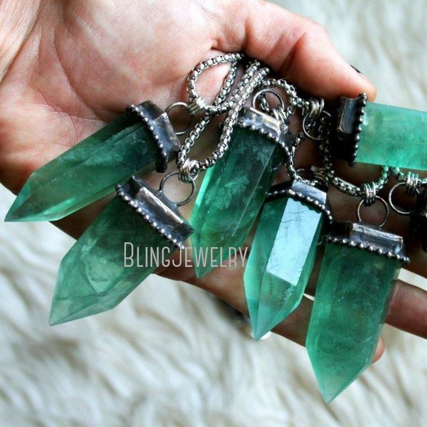 

necklaces nm40515 fluorite crystal tower necklace sea green crystal point talisman box chain necklace gemstone pendulum obelisk necklace, Silver