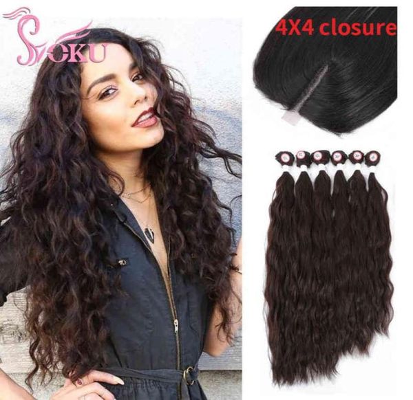 

synthetic hair bundles with closure 7pcs natural wave hair weave bundle for women 1822 inch high temperature fiber hair weft h2206065246, Black