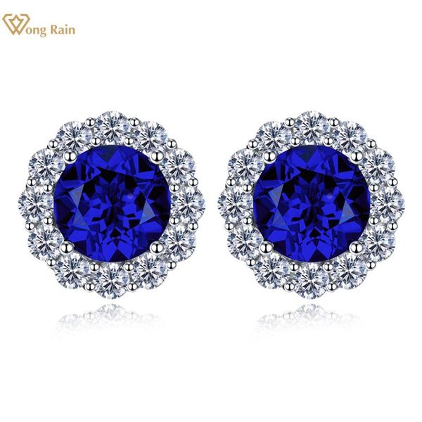

stud wong rain 100% 925 sterling silver round sapphire high carbon diamonds gemstone ear studs earrings fine jewelry wholesale, Golden;silver