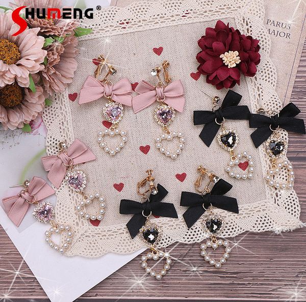 

neck ties japanese style sweet silver needle and cute bow for girl pearl hearth shaped earring 925 ear clip 230519, Blue;purple