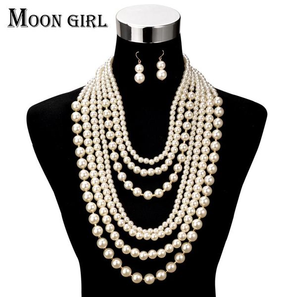 

necklaces moon girl fashion pearl jewelry display choker big statement necklace multilayer simulated pearl long necklace women accessories, Silver