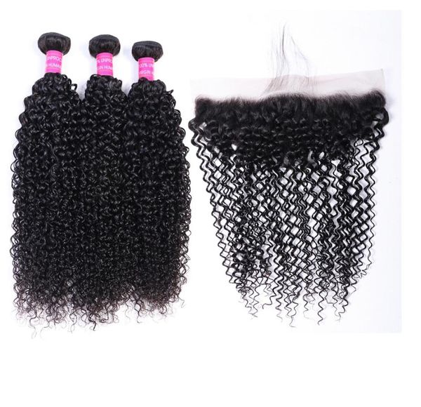 

brazilian virgin human hair weaves extensions curly natual 1b color 3 bundles with lace frontal 134 unprocessed 049279, Black