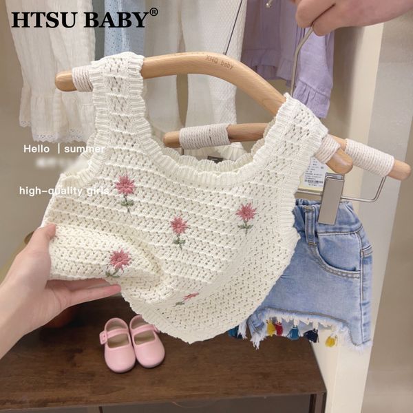 

clothing sets htsu baby girls summer suit 2023 kids knitted tank children's tassel elastic waist denim shorts two piece set qt0006 2305, White