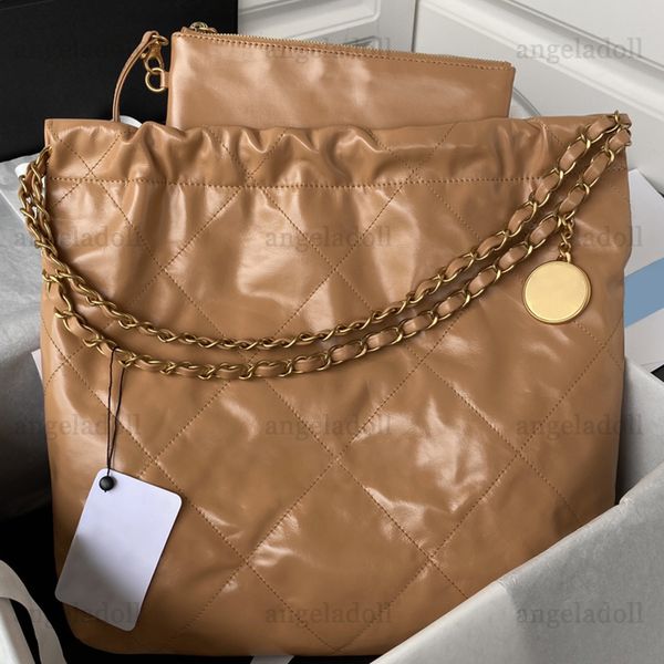 

10a mirror quality luxury designers caramel bag 22 handbag medium 39cm shopping bag calfskin quilted tote purse womens shoulder gold chain b
