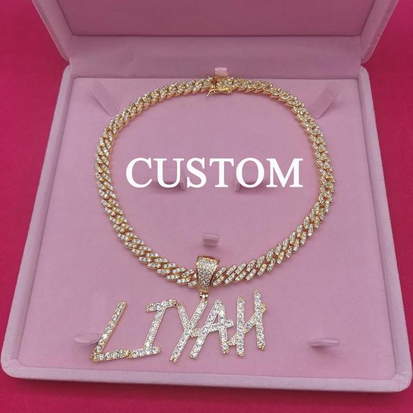 

necklaces custom name necklace with 9mm zircon cuban chain for women men sharp bubble letter pendant hip hop jewelry, Silver