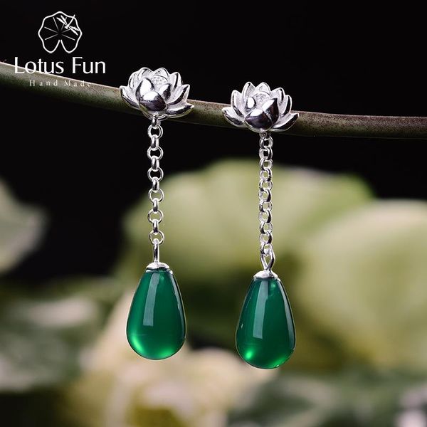 

knot lotus fun real 925 sterling silver earrings natural agate handmade fine jewelry water drop lotus drop earrings for women brincos