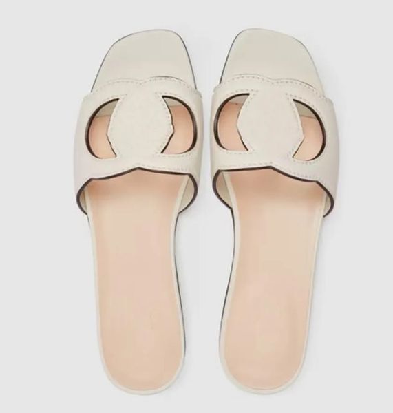 

designer lady pop slipper flat sandal leather interlocking cutout flat slide calfskin leather woman slippers cut-out slides sandal flats cut, Black