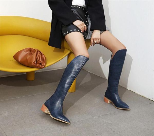 

6 color snakeskin faux leather plus size chunky heels pointed toe western long knee high boots yellow blue womens shoes8526924, Black