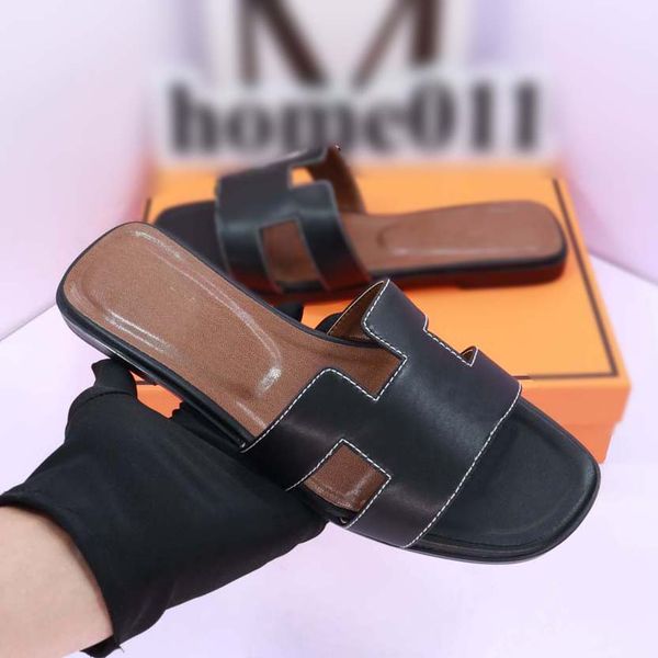 

fashion sandals genuine leather for women slippers summer luxury flat slides ladies summer beach sandal party wedding oran slipper shoes, Black