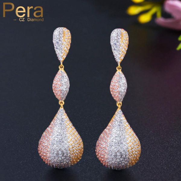 

knot pera 65mm luxury 3 tone gold color micro full cz pave long water drop dangle earrings for women wedding party dress jewelry e598, Silver