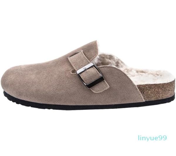 

winter faux cow suede leather mule clogs slippers long plush warm indoor soft cork buckle slides footwear for women men y2010262721657, Black