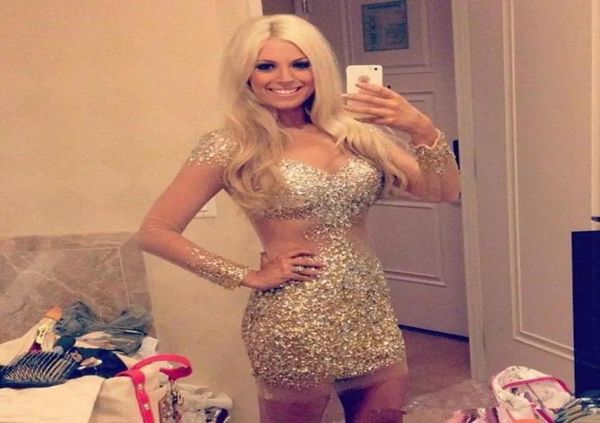 

2019 luxury rhinestone mini cocktail prom dresses sheath long sleeves illusion bodice crystals beaded short evening party gow7717734, Black