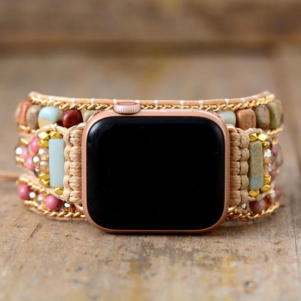 

bangle creative natural gems stone aple watch band beads boho 3x wrap vegan rope watch strap wristband bracelet accessories dropship, Black