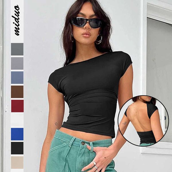 

fashion y2k summer backless nylon moisture absorption and sweat-wicking comfort breathable short-sleeve slim t-shirt for women, White