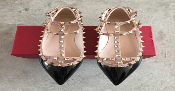 

2021 fashion women rivet sandals flats genuine leather ankle strap pointed toe studded ballerinas shoes2585520, Black