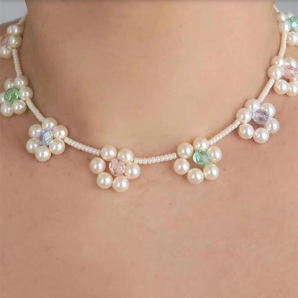 

necklaces hand woven glass pearl flower sweety short necklace female, Silver