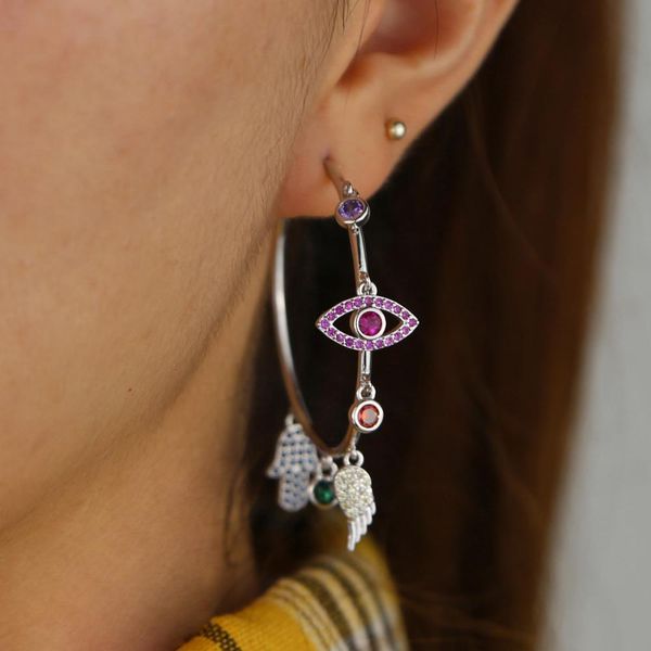 

huggie evil eye wing fatima's hand luxury stunning bohemia european women earrings colorful cz paved lucky charms hoop earring, Golden;silver
