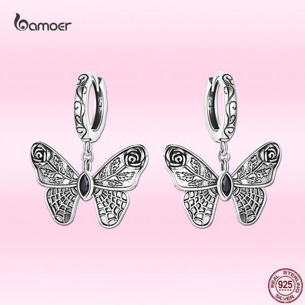 

huggie bamoer 925 sterling silver vintage realistic butterfly ear buckles animal drop earrings for women fine s925 anniversary jewelry, Golden;silver