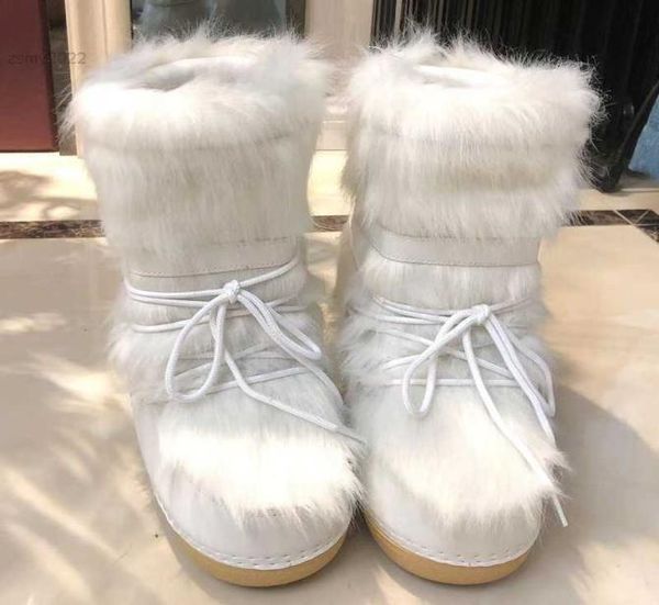 

2022 winter snow boots women ski fluffy hairy lace up middle calf platform flat with white2934788, Black