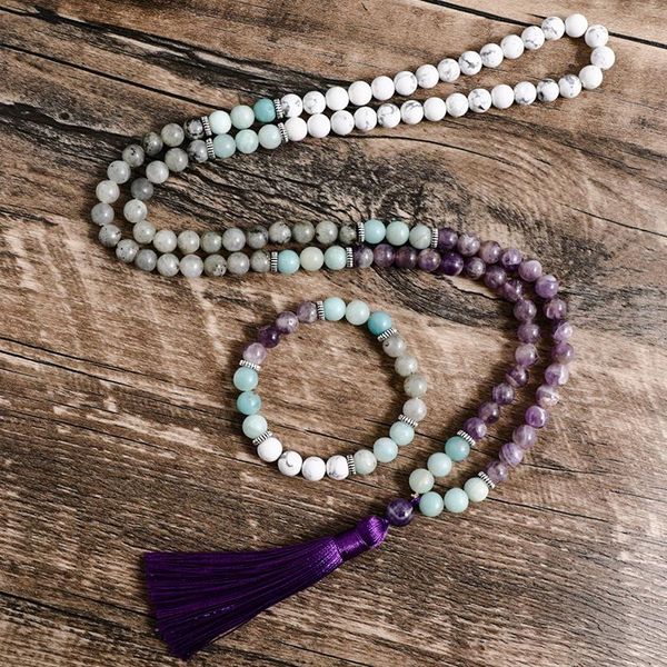 

necklaces 8mm amethyst howlite pure ite labradorite beaded mala necklace meditation yoga 108 japamala jewelry bracelet sets, Silver