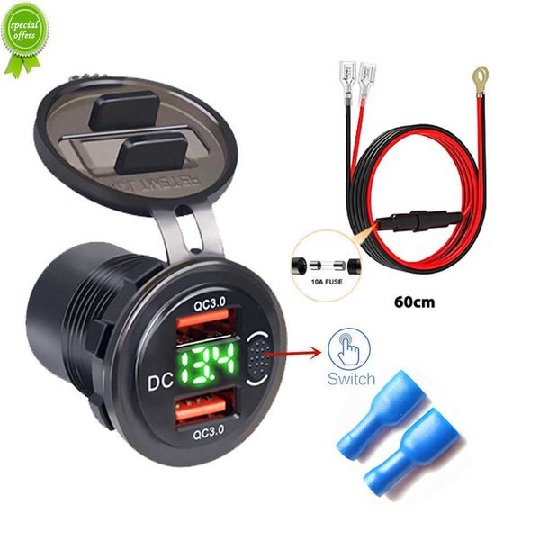

new 12 24v dual usb cigarette lighter socket car charger qc3.0 waterproof with voltmeter switch quick charge adapter car accessories