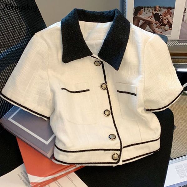 

womens blouses shirts french style vintage shortsleeve women summer slim gentle office lady allmatch cropped chic aesthetic fashion ins swee, White